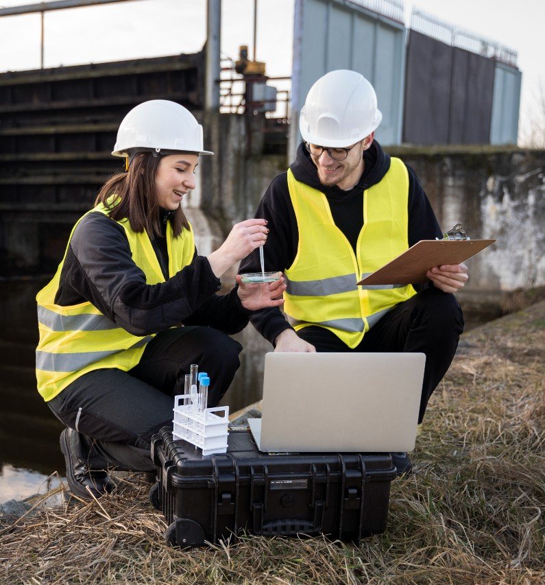 full-shot-smiley-engineers-with-laptop